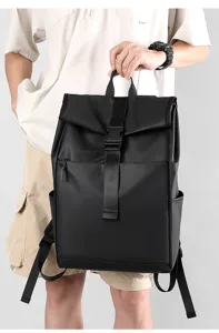 Black waterproof roll-top backpack with buckle and multiple pockets for daily commuting.