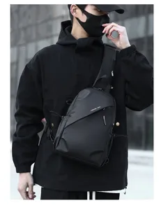 Trendy black mens crossbody bag, casual oxford chest pack, stylish streetwear sling bag for men.