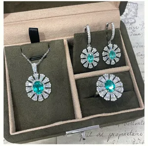 Silver gold plated green gemstone necklace earrings ring jewelry set elegant floral design
