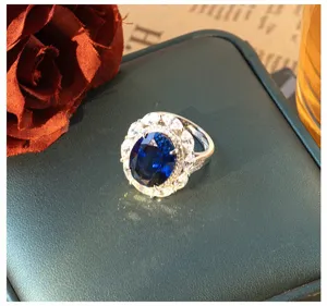 S925 Silber Ovale Blauer Saphir Ring Luxus Halo Cluster Ring Damen Schmuck Geschenk