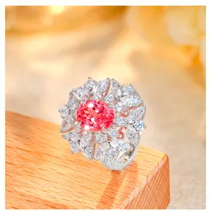 Exquisiter S925 Sterling Silber Ring Oval Sonnenuntergang Rot Zirkon Blumen Design