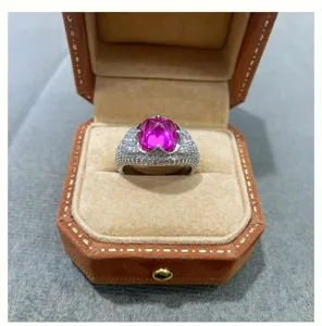Exquisite lab-grown pink sapphire sugarloaf ring in S925 silver with sparkling pavé stones.