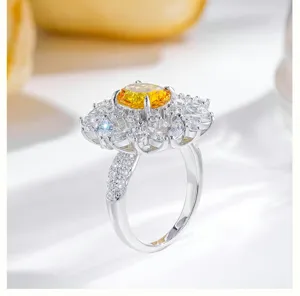 Detailed view of S925 silver yellow gemstone cluster ring with sparkling cubic zirconia.