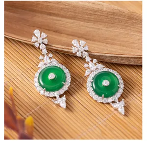 Green chalcedony safety buckle earrings S925 silver gold plated floral cz fine jewelry