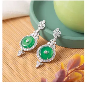 S925 Silver Gold Plated Natural Green Chalcedony Peace Buckle Earrings Elegant Jewelry