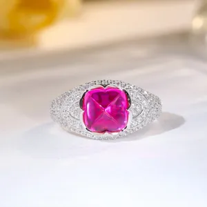 925 Sterling Silver Pink Sapphire Sugarloaf Ring With Rhinestone Accent Elegant Women Fashion Jewelry Finger Ring Gift