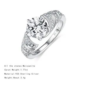 Stunning S925 sterling silver round moissanite ring with elegant paved spiral shoulders.