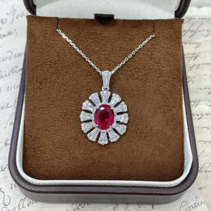 925 Sterling Silver Ruby Zirconia Jewelry Set Oval Gemstone Earrings Ring Necklace Luxurious Women Fine Jewelry