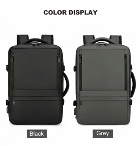 Detailed view of large capacity business laptop backpack with expansion in dual colors.