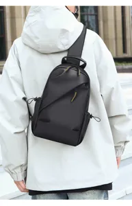 Men's black minimalist sling bag detail view, casual outdoor crossbody bag for daily commute travel.