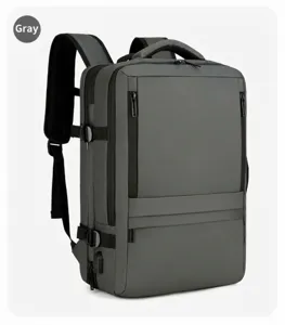 Grey business travel backpack detail, large capacity multi-compartment computer bag design.