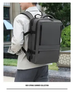 Detail view of the dark gray business laptop backpack showcasing expandable capacity and build.