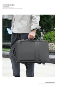 Detailed view of the large capacity business laptop backpack in dark grey, outdoor travel scene.