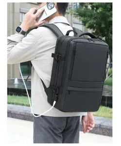 Detail shot of black business travel backpack, multi-compartment design for men daily use.