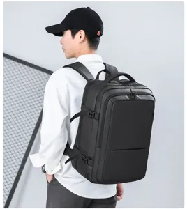 Detail view of the black men's travel laptop backpack, showing large capacity and straps.