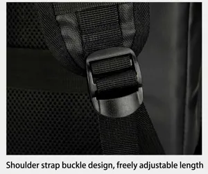 Detailed view of the durable adjustable shoulder strap buckle on the business backpack.