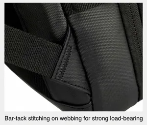 Business laptop backpack strap detail showing reinforced stitching and durable waterproof black material.