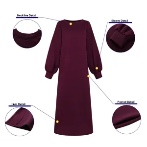 Burgundy long sleeve sweatshirt dress featuring crew neck, puff sleeves and practical pockets.