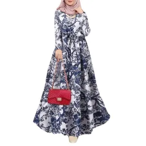 Retro printed loose long sleeve plus size maxi dress with belt for women main view.