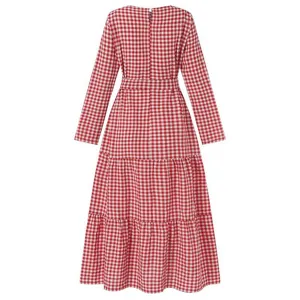 Red white gingham long sleeve midi dress back view, casual checkered dress with belt.