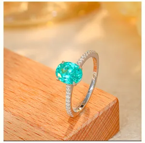 Silver lab-created Paraiba tourmaline ring oval gemstone halo ring women jewelry