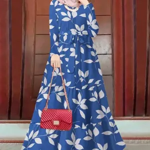 Women blue leaf printed long sleeve casual loose maxi dress with stylish matching waist belt.