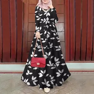Elegant black and white leaf print long sleeve maxi dress with waist belt for women.