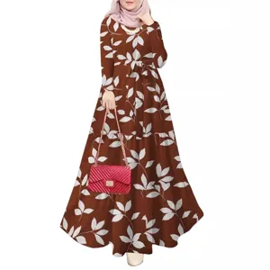 Women casual long sleeve leaf print maxi dress with belt elegant modest apparel for daily wear