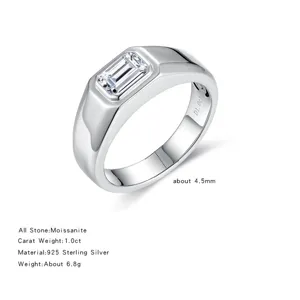 Men's 925 sterling silver emerald cut 1ct moissanite ring, elegant bezel set statement band.
