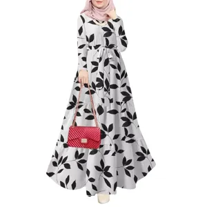 Long sleeve loose slip-on leaf print dress with belt for women casual daily wear chic style