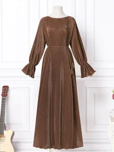 Elegant vintage solid color pleated long sleeve caftan dress detail view for parties.