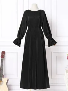 Solid color pleated long sleeve kaftan dress vintage elegant party dress detail view