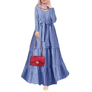 Blue and white plaid long sleeve maxi dress with matching belt for women elegant Muslim fashion