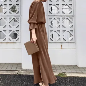 Solid color long sleeve retro elegant kaftan maxi dress for women casual party evening wear