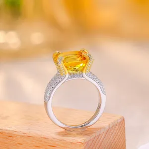 S925 silver ring with yellow cushion gemstone and pave diamonds, luxury women jewelry main view