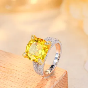 Luxury S925 silver cushion yellow gemstone ring for women, elegant 8-carat style main stone.