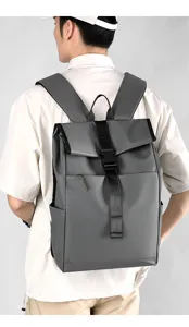 Stylish large capacity grey roll-top backpack for men, casual waterproof school bag.