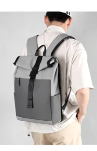 Stylish roll-top fashion backpack for men and women, large capacity casual school daypack.