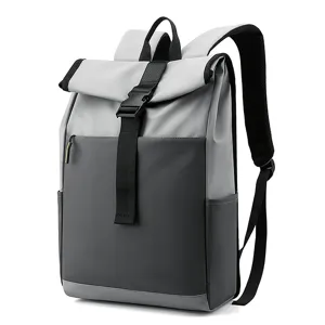 Stylish roll-top casual backpack for men and women, large capacity travel school daypack.