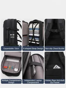 Large capacity business travel backpack with expandable design, multi-compartment and laptop sleeve.