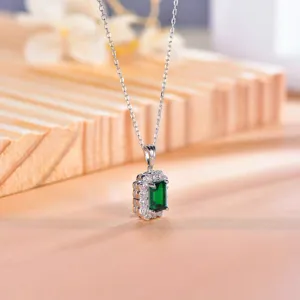 S925 Silber Quadratisch Smaragd Anhänger Halskette Luxus Grün Edelstein Schmuck Geschenk