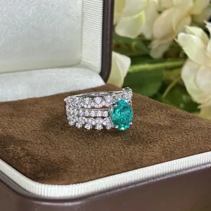 Stunning 925 silver oval blue-green ring with multi-row pave diamonds in luxury box.