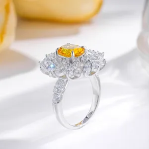 Stunning S925 silver oval yellow sapphire cluster ring, elegant cocktail ring main view