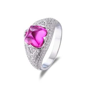 Stunning lab-created pink sapphire silver ring featuring a 2.5ct sugarloaf cut for women.