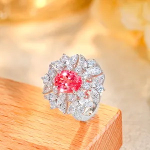 S925 Sterling Silber Sonnenuntergang Rot Cluster Ring Damen Luxus Oval Edelstein Schmuck