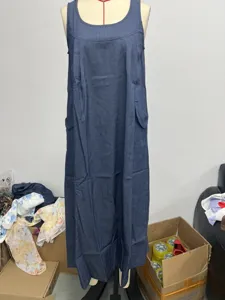 Vintage loose sleeveless denim long dress with pockets, casual spring autumn suspender dress.