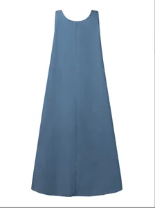 Blue sleeveless loose casual long dress detail, retro style, comfortable fit for daily wear.