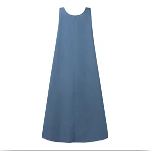 Retro loose casual sleeveless denim maxi pinafore dress for women spring daily fashion.