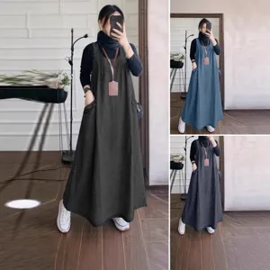 Retro long denim suspender dress, loose casual pocket overall dress for women spring