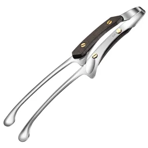 Stainless steel BBQ food tong with wooden handle, anti-slip kitchen tool for bread and buffet.